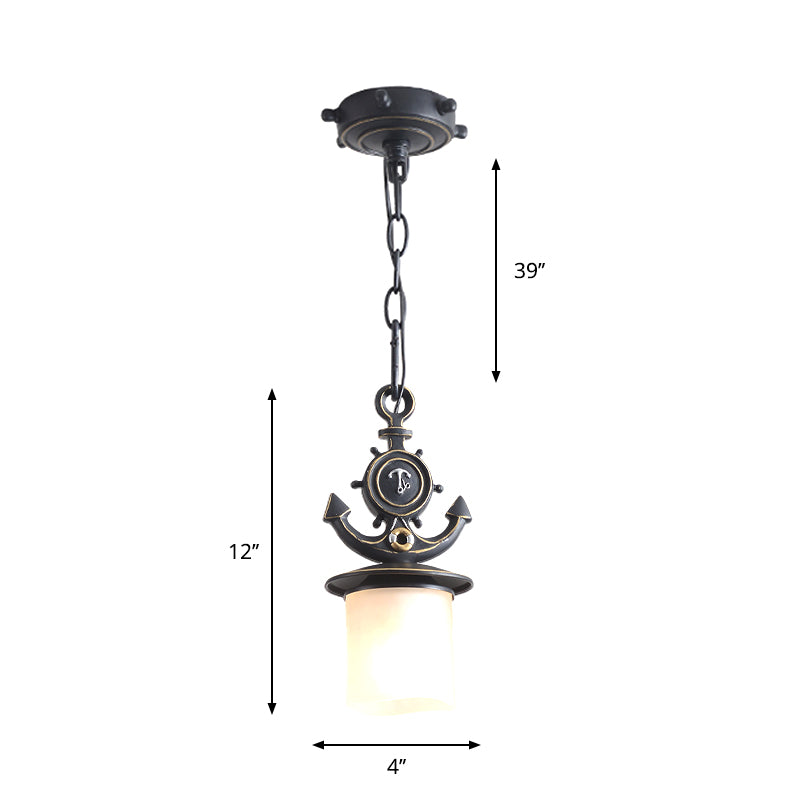 Column/Bell Ceiling Hang Fixture Nordic Opal Glass 1-Head Black Suspension Pendant with Anchor Top, 4"/13" Width