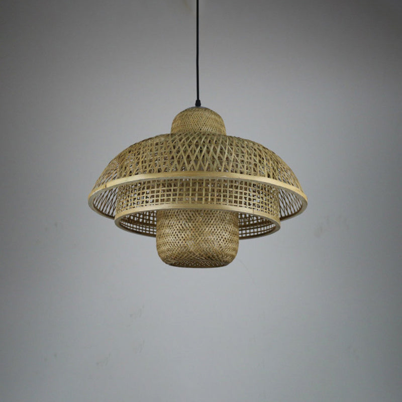 3-Tier Round Cage Pendant Lamp Fixture Asia Bamboo 1 Light Restaurant Suspension Lighting in Beige