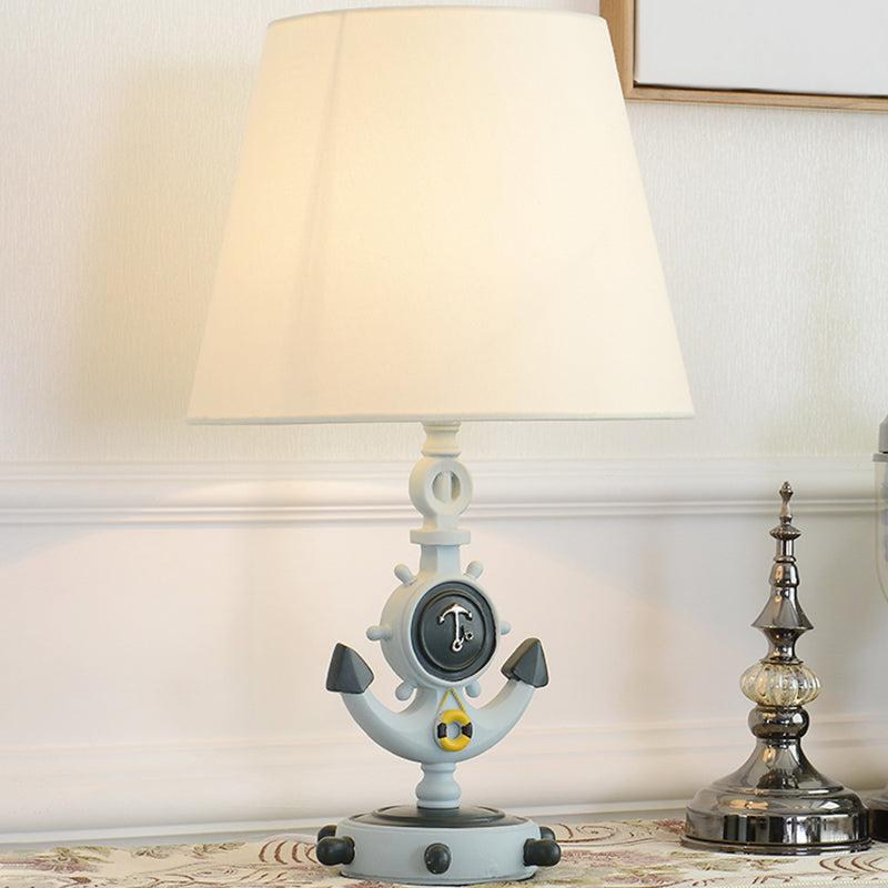 Black/Blue Anchor Base Desk Lamp Kids 1 Head Resin Task Lighting with Tapered White Fabric Shade