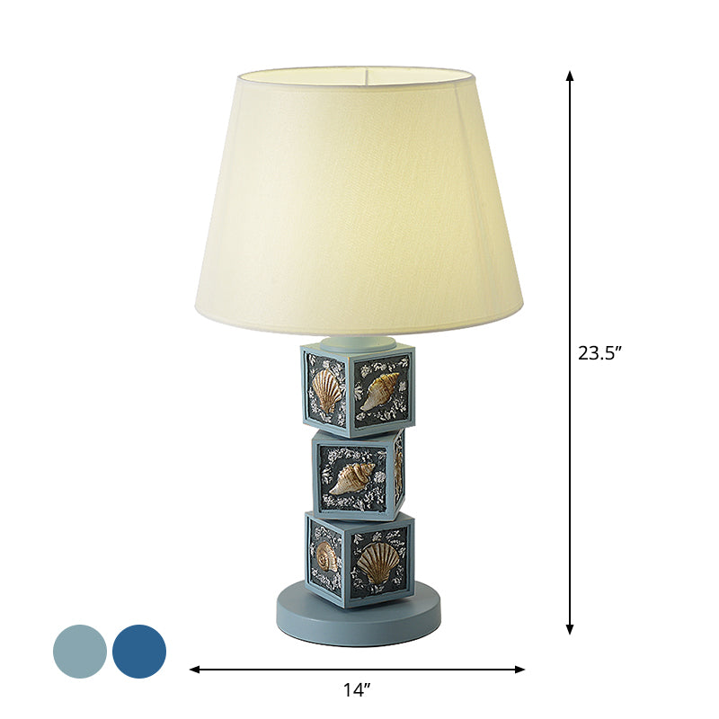 Stacked Cube Desk Lighting Mediterranean Resin 1 Bulb Light/Sky Blue Night Lamp with Barrel Fabric Shade