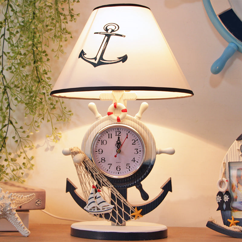 Rudder Base Table Lighting Children Style Resin Single Bulb Blue Shaded Night Stand Lamp with Clock Design