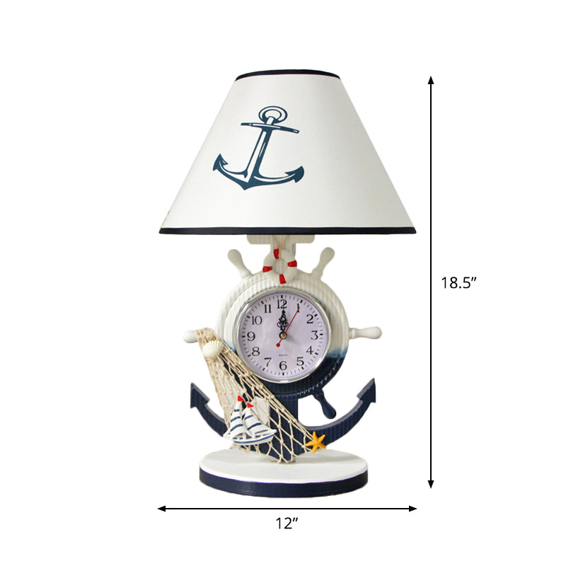 Rudder Base Table Lighting Children Style Resin Single Bulb Blue Shaded Night Stand Lamp with Clock Design