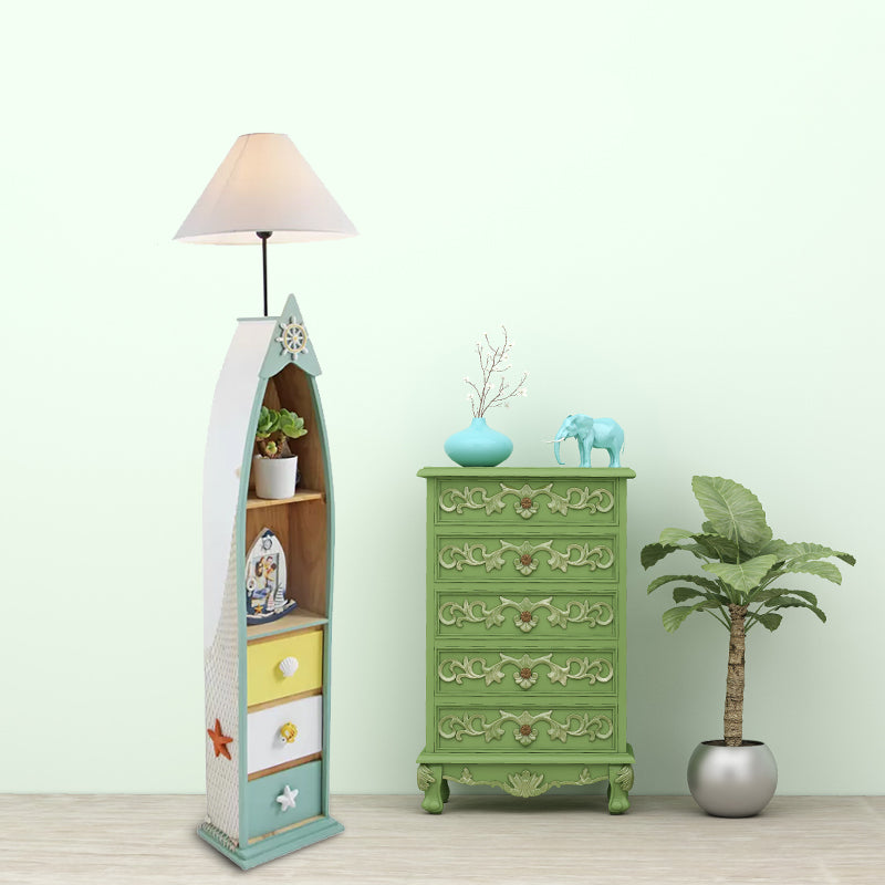 Houten surfplankachtige plank vloerlamp kinderen enkele kop roze/groen/blauw staand licht met kegel witte stofschaduw