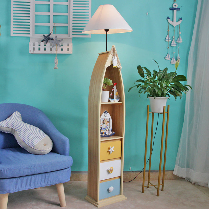 Houten surfplankachtige plank vloerlamp kinderen enkele kop roze/groen/blauw staand licht met kegel witte stofschaduw