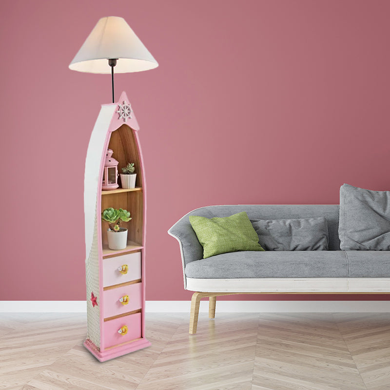 Houten surfplankachtige plank vloerlamp kinderen enkele kop roze/groen/blauw staand licht met kegel witte stofschaduw