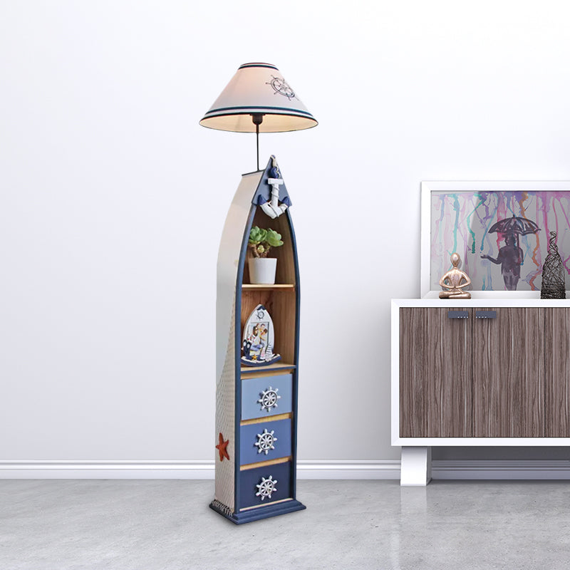 Wood Surfboard-Like Shelf Floor Lamp Children Single Head Pink/Green/Blue Standing Light with Cone White Fabric Shade