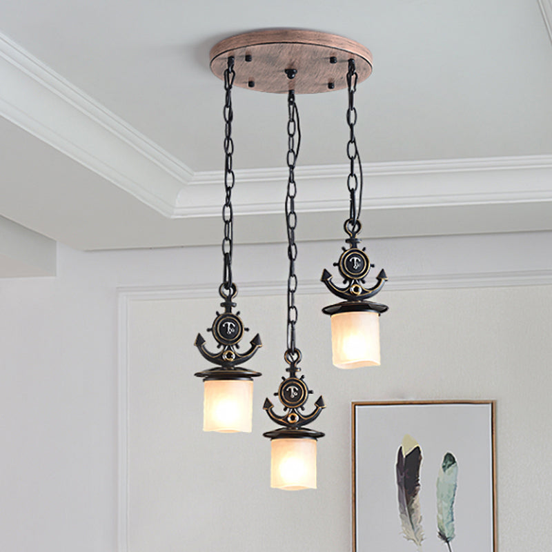 Dimpled Glass Cylindrical Multi Pendant Modern 3 Heads Down Lighting with Anchor Chain in Black/Blue, Linear/Round Canopy