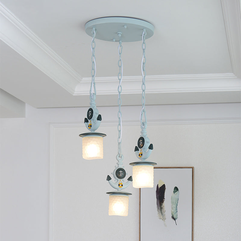 Dimpled Glass Cylindrical Multi Pendant Modern 3 Heads Down Lighting with Anchor Chain in Black/Blue, Linear/Round Canopy