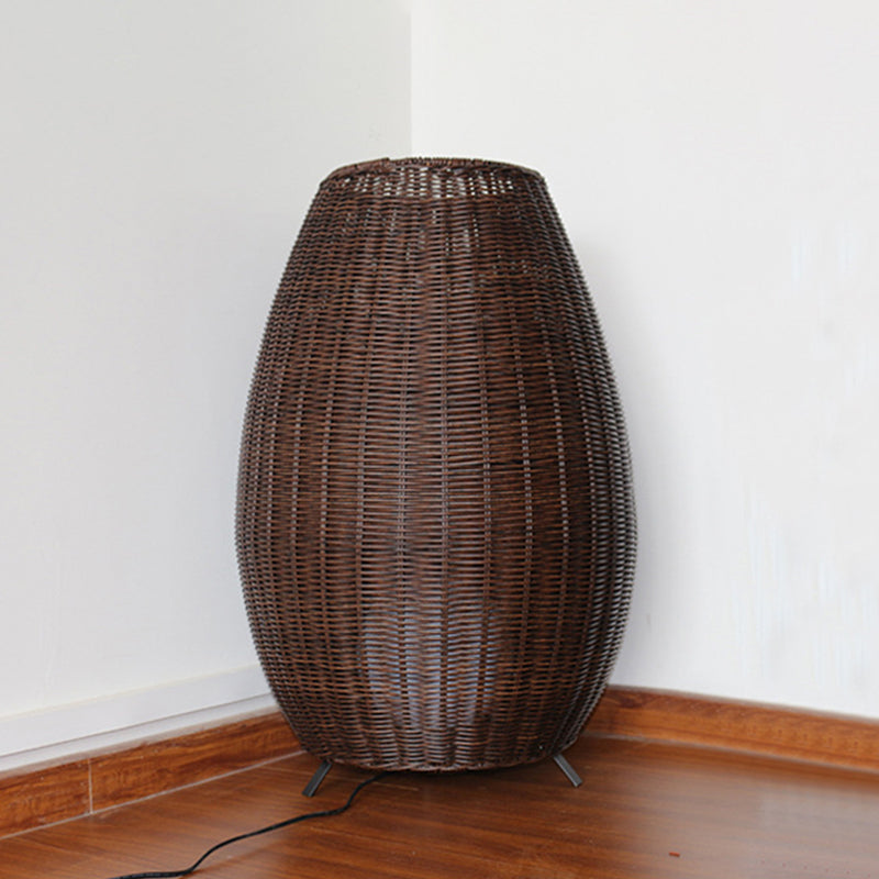 Woven Oval Floor Standing Light Asian Rattan Beige/Brown Floor Lamp with Inner Spherical Acrylic Shade