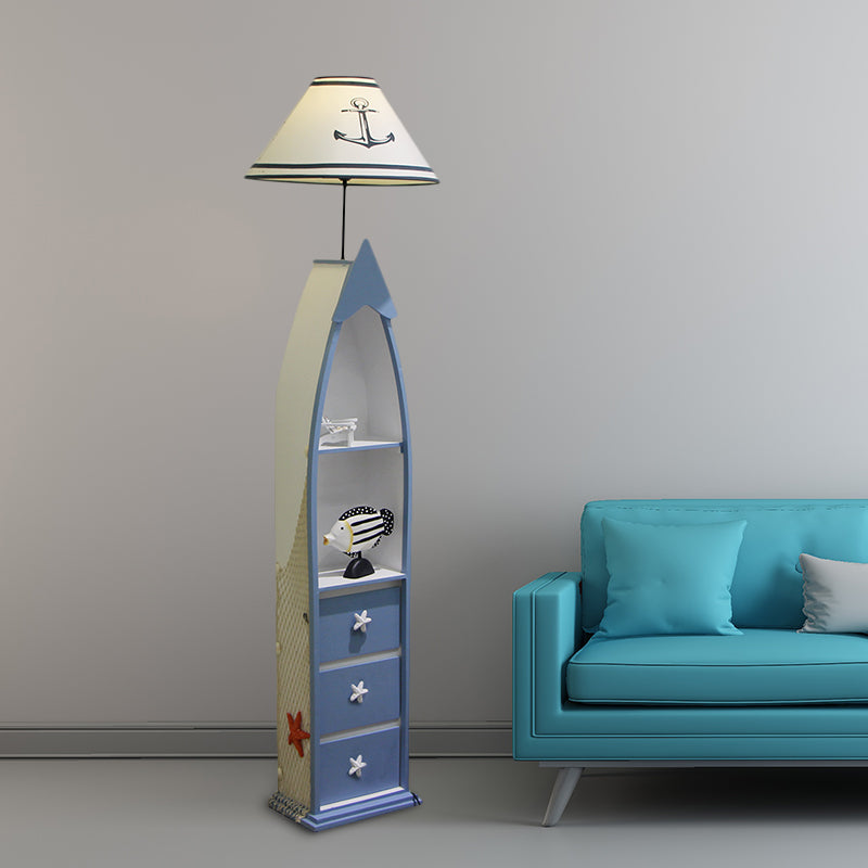 Fass Stoff Stand Up Lampe Kinder Eins Glühbirne weiße Bodenlampe mit blauem Holzregal