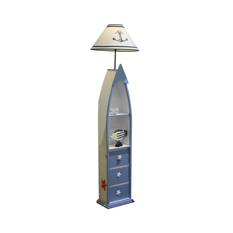 Fass Stoff Stand Up Lampe Kinder Eins Glühbirne weiße Bodenlampe mit blauem Holzregal