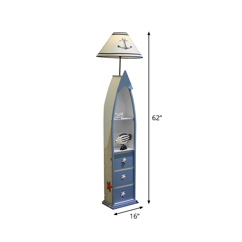 Barrel Fabric Stand Up Lamp Kids Single Bulb White Floor Standing Lamp with Blue Wooden Shelf