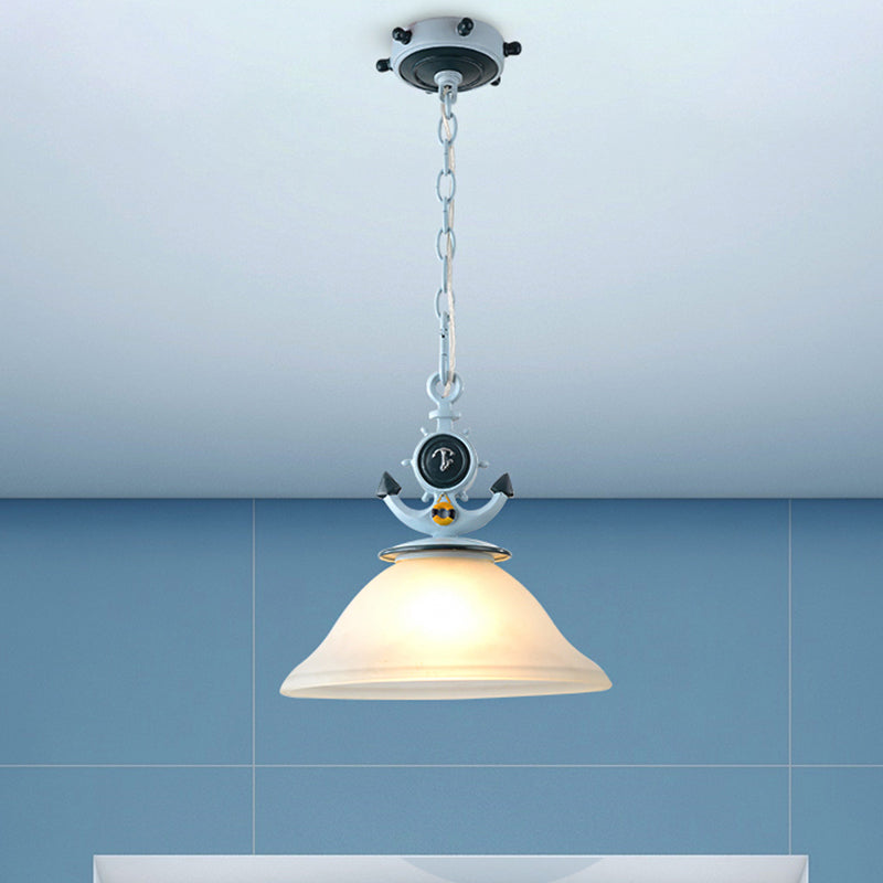 Coastal Column/Flared Pendant Light Frosted Glass 5"/13" W 1 Bulb Bedside Ceiling Lamp with Anchor Design in Blue