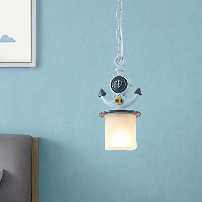 Coastal Column/Flared Pendant Light Frosted Glass 5"/13" W 1 Bulb Bedside Ceiling Lamp with Anchor Design in Blue