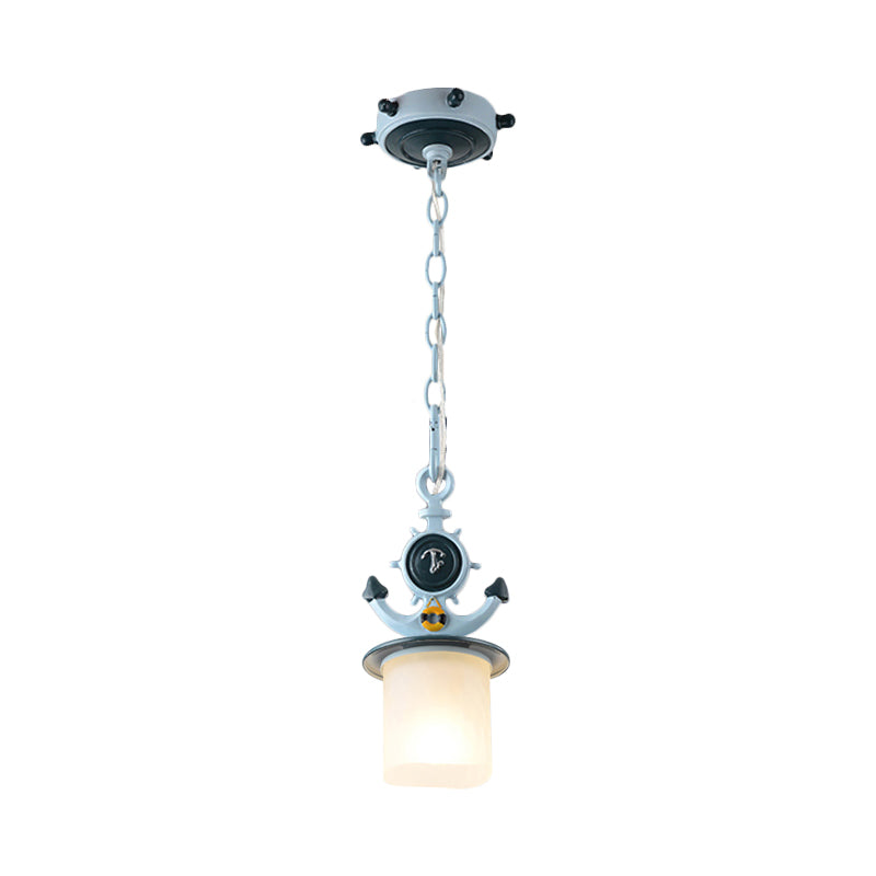 Coastal Column/Flared Pendant Light Frosted Glass 5"/13" W 1 Bulb Bedside Ceiling Lamp with Anchor Design in Blue