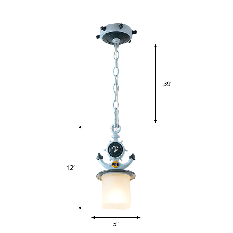 Coastal Column/Flared Pendant Light Frosted Glass 5"/13" W 1 Bulb Bedside Ceiling Lamp with Anchor Design in Blue