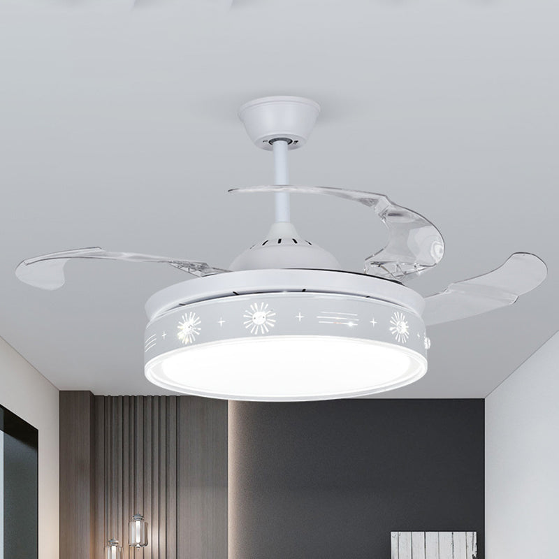 42" Wide Modern LED Semi Flush Light White Drum Hanging Fan Lighting with Metallic Shade, 3 Blades