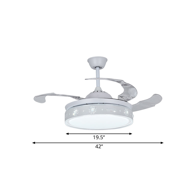 42" Wide Modern LED Semi Flush Light White Drum Hanging Fan Lighting with Metallic Shade, 3 Blades