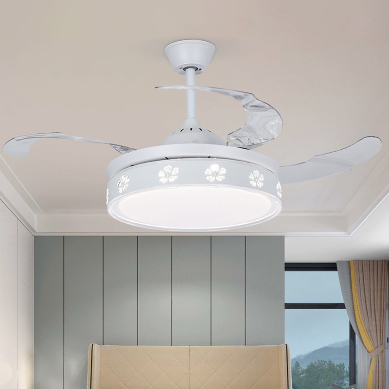 Metal Circle Semi Mount Lighting Modernism White 3 Blades LED Pendant Fan Light with Blossom Design, 42" Width