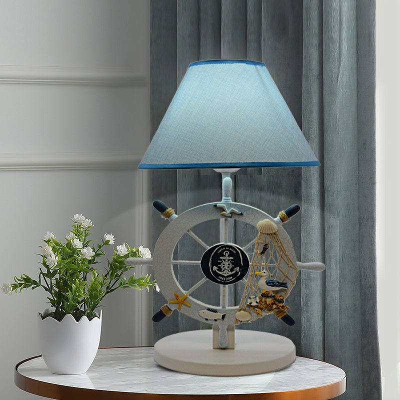 Fabric Cone Table Light Cartoon 1-Bulb Blue Nightstand Lighting with Wood Rudder Base