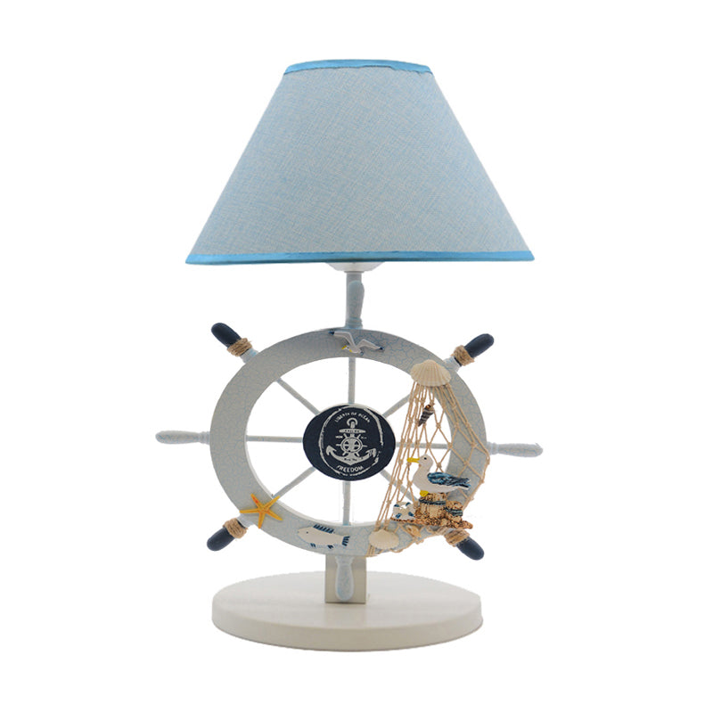 Fabric Cone Table Light Cartoon 1-Bulb Blue Nightstand Lighting with Wood Rudder Base