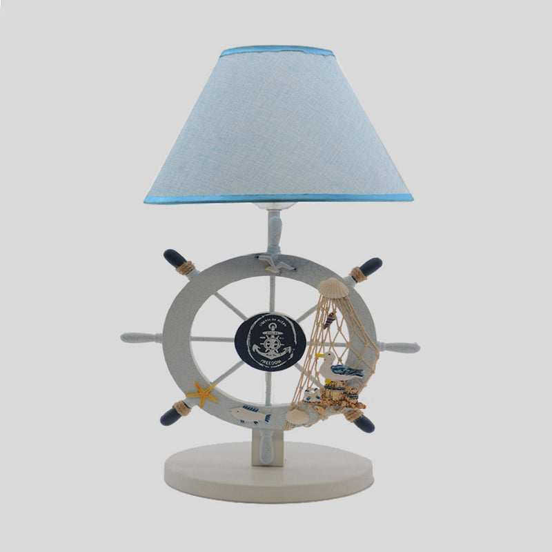 Fabric Cone Table Light Cartoon 1-Bulb Blue Nightstand Lighting with Wood Rudder Base