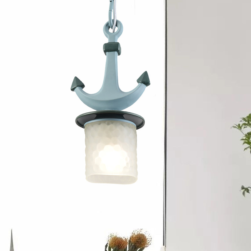 Cylinder/Flared Down Lighting Simple Dimpled Glass 1-Light 6"/13" W Nursery Hanging Lamp in Black/Blue