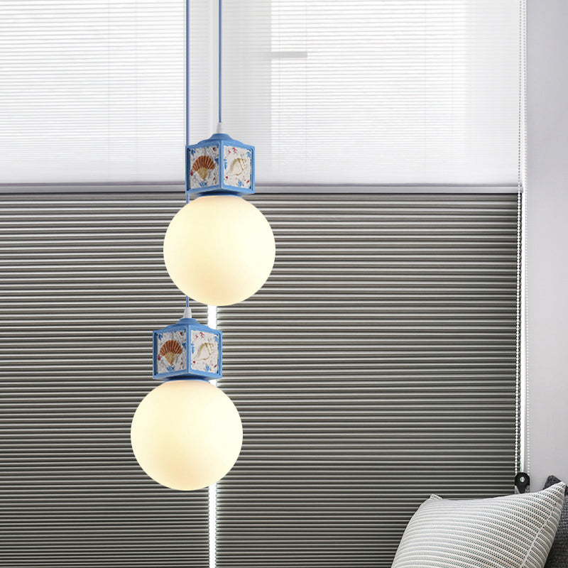 White Glass Ball Hanging Lamp Kit Mediterranean 1 Head Pendant Light Fixture with Conch Cube Deco in Sky/Light Blue