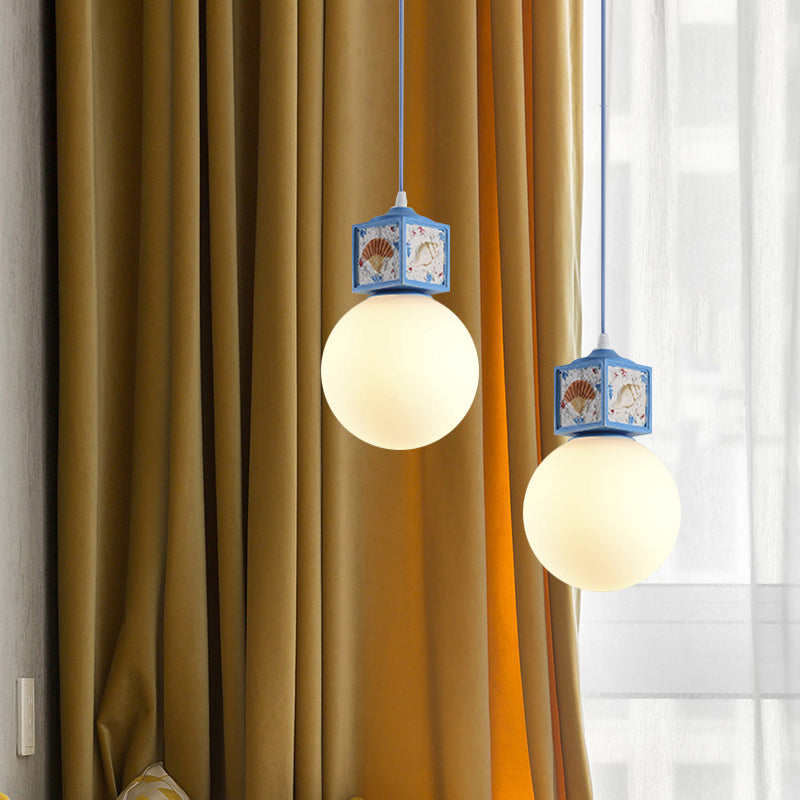 White Glass Ball Hanging Lamp Kit Mediterranean 1 Head Pendant Light Fixture with Conch Cube Deco in Sky/Light Blue