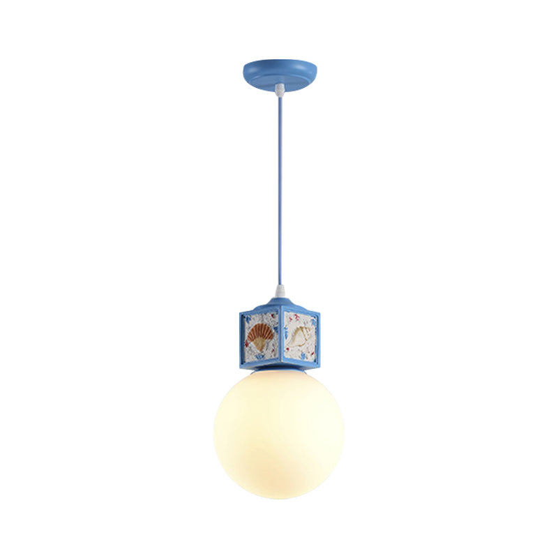 White Glass Ball Hanging Lamp Kit Mediterranean 1 Head Pendant Light Fixture with Conch Cube Deco in Sky/Light Blue