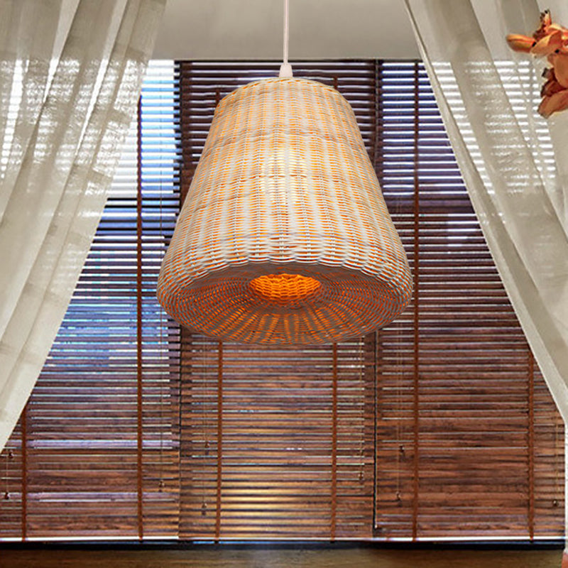 Farmhouse Woven Conic Pendant Light Rattan 1 Bulb Restaurant Suspended Lighting Fixture in Beige