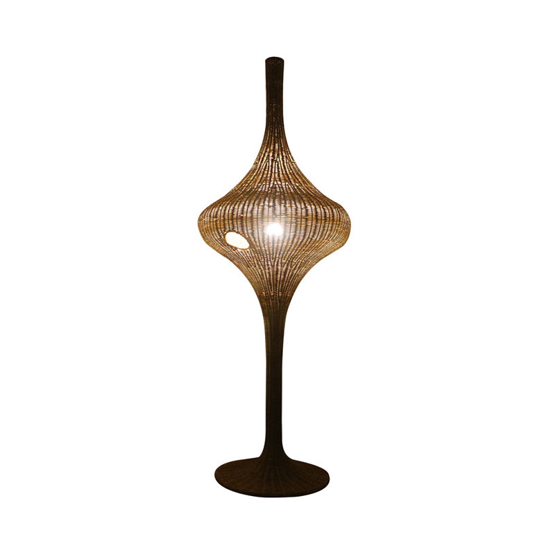 Asia 1 Head Stand Up Lamp Coffee Woven Urn-Like Floor Lighting with Bamboo Shade for Great Room