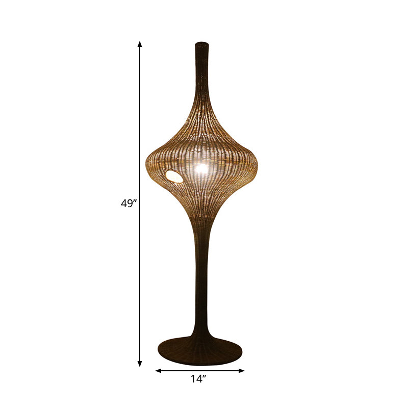 Asie 1 tête stand up lampe Café tissé Éclairage de sol en forme d'urne avec nuance de bambou pour une grande chambre