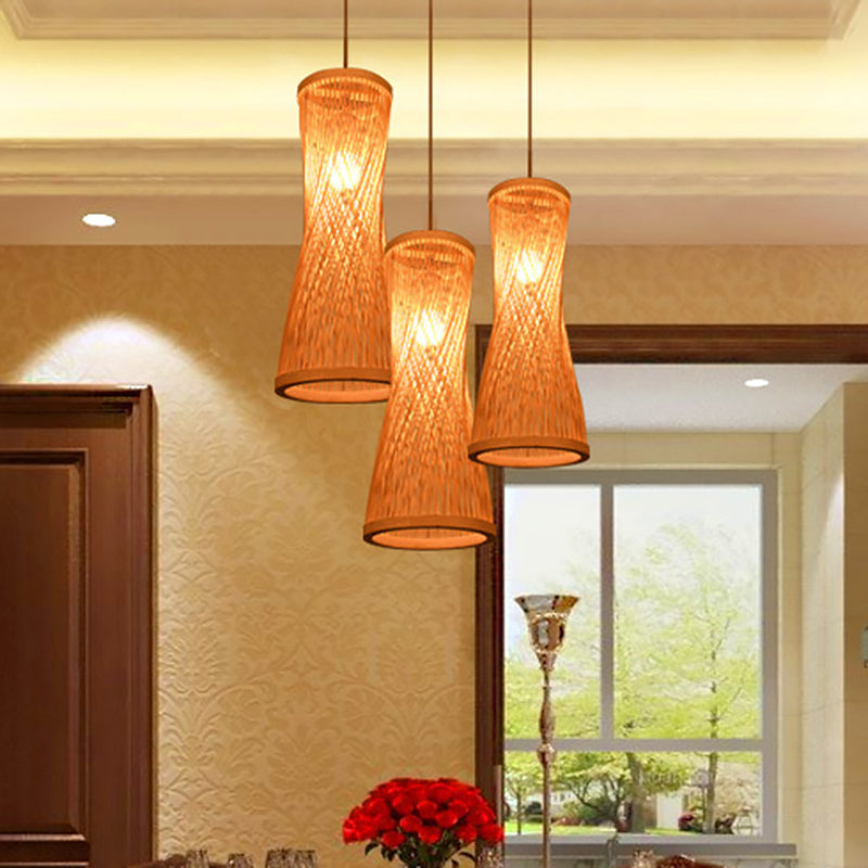 Beige Hourglass Hanging Lamp Kit Rustic 3 Heads Bamboo Batten Multiple Ceiling Light