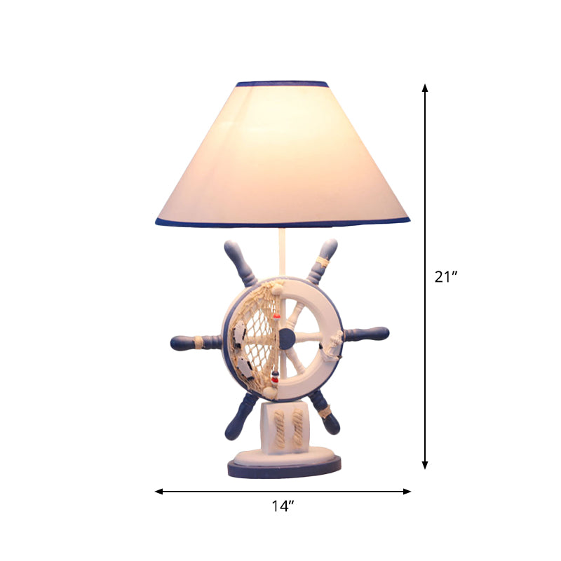 Resin Rudder Base Desk Lamp Children Single Bulb Blue Night Light with Cone White Fabric Shade