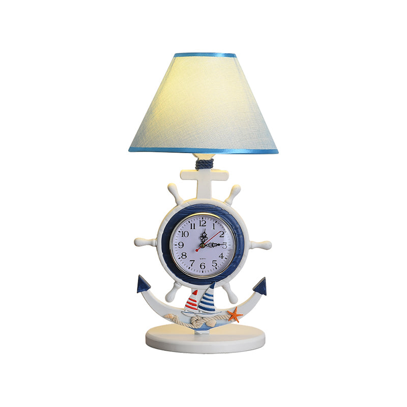 1 lampada da scrivania da camber di bulbo per bambini luce da tavolo blu con tonalità in tessuto conico e design dell'orologio