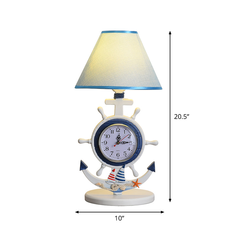 1 lámpara de escritorio de bedchamber de bulbo Luz de mesa azul para niños con sombra de tela cónica y diseño de reloj