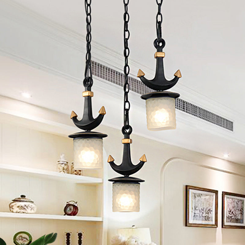 Modern Column Multi-Pendant Frosted Dimpled Glass 3 Heads Parlor Hanging Light in Black with Linear/Round Canopy