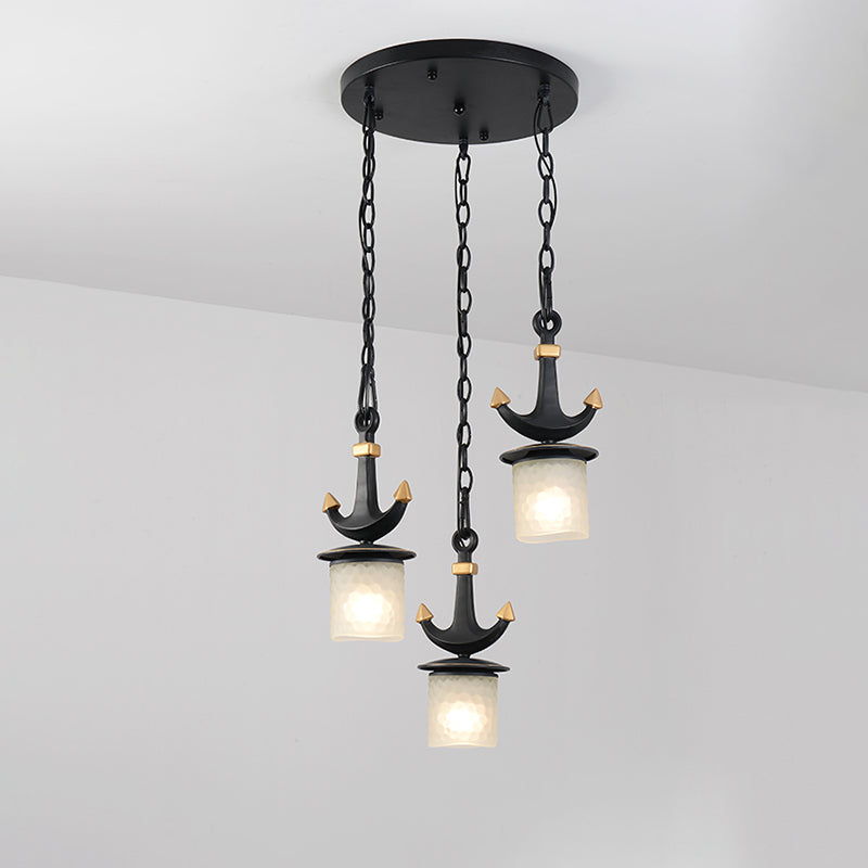 Modern Column Multi-Pendant Frosted Dimpled Glass 3 Heads Parlor Hanging Light in Black with Linear/Round Canopy