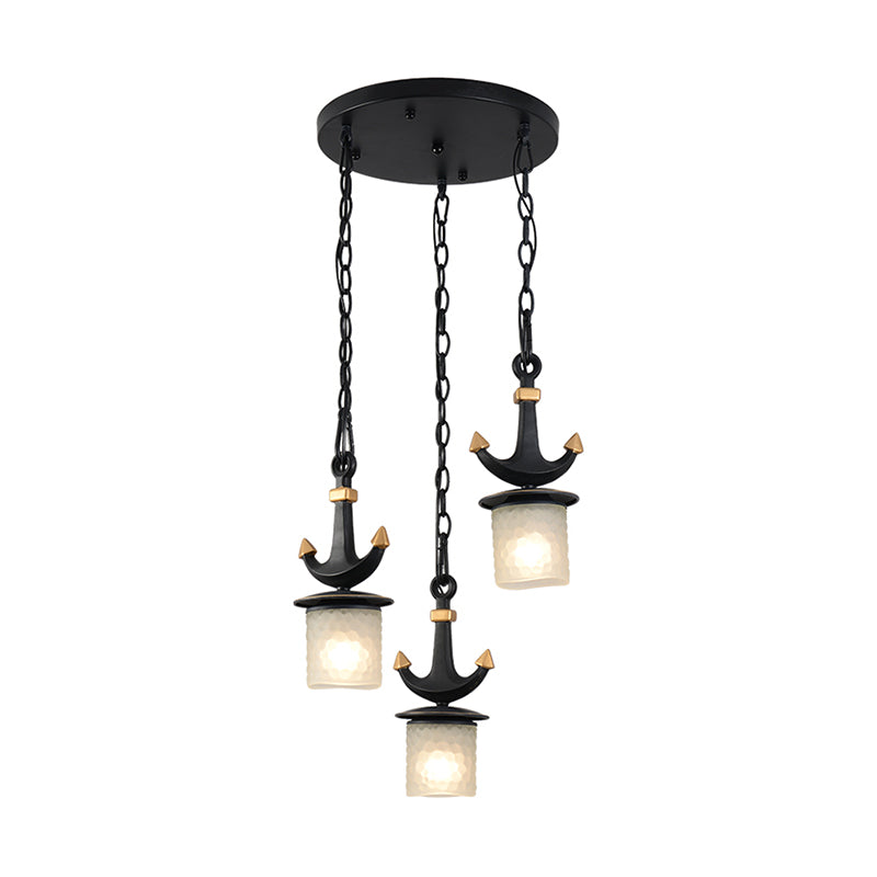 Modern Column Multi-Pendant Frosted Dimpled Glass 3 Heads Parlor Hanging Light in Black with Linear/Round Canopy