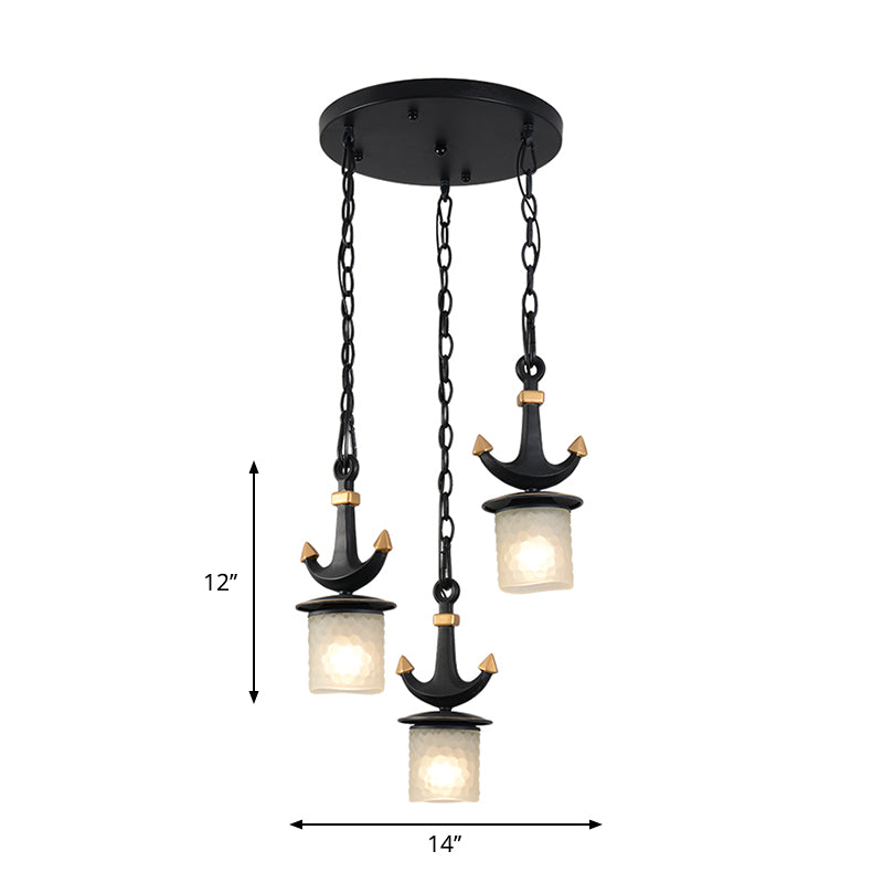 Modern Column Multi-Pendant Frosted Dimpled Glass 3 Heads Parlor Hanging Light in Black with Linear/Round Canopy