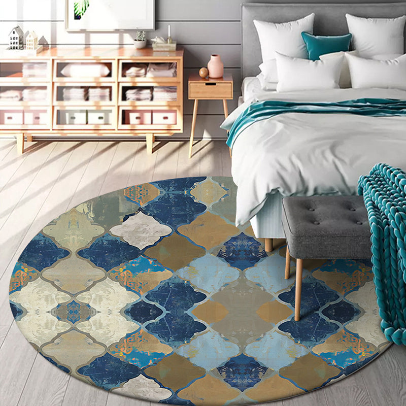 Blue Moroccan Area Rug Polyester Albany Geometric Ogee Pattern Rug Pet Friendly Washable Non-Slip Area Rug for Bedroom