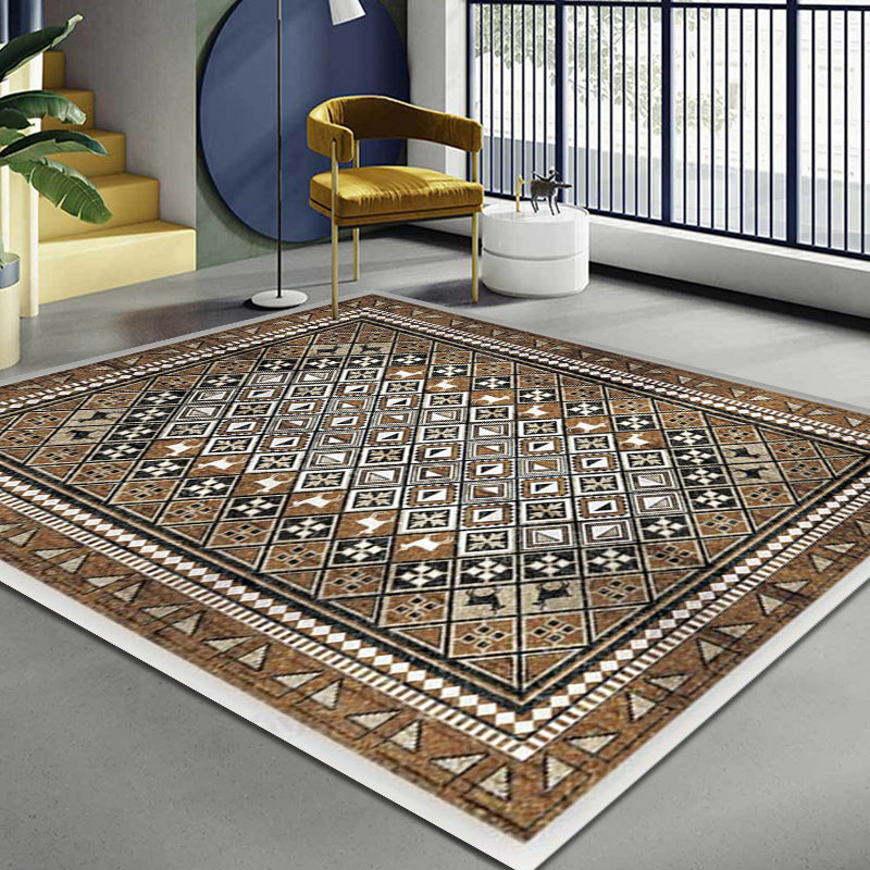 Moroccan Home Rug Brown Tribal Geometrical Pattern Rug Polyester Washable Non-Slip Pet Friendly Area Rug