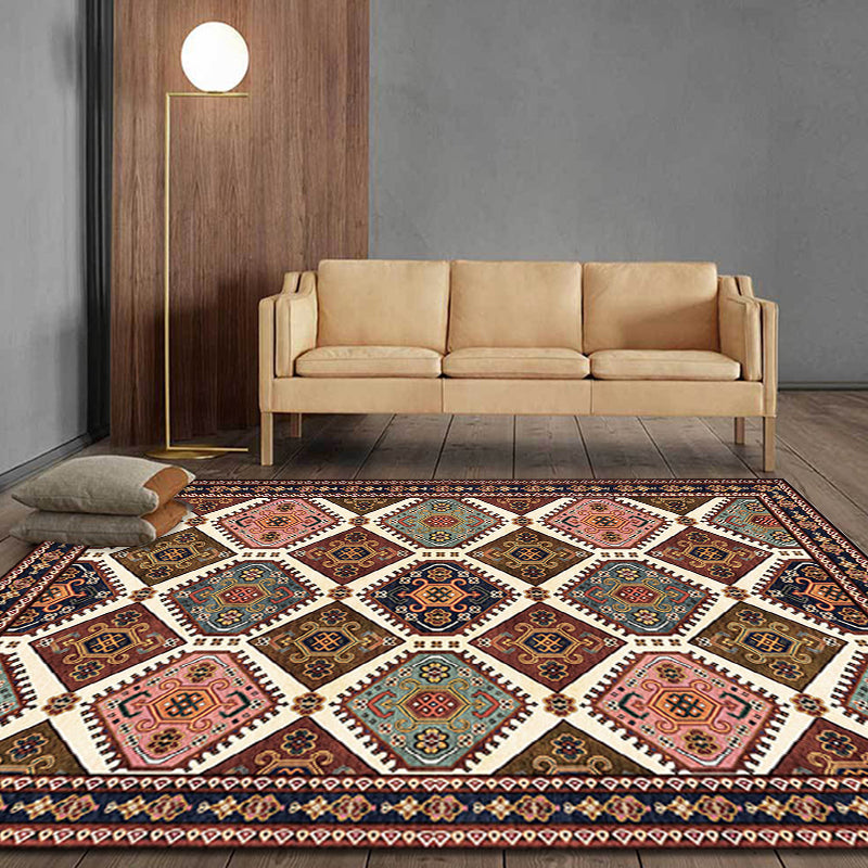 Moroccan Home Rug Brown Tribal Geometrical Pattern Rug Polyester Washable Non-Slip Pet Friendly Area Rug