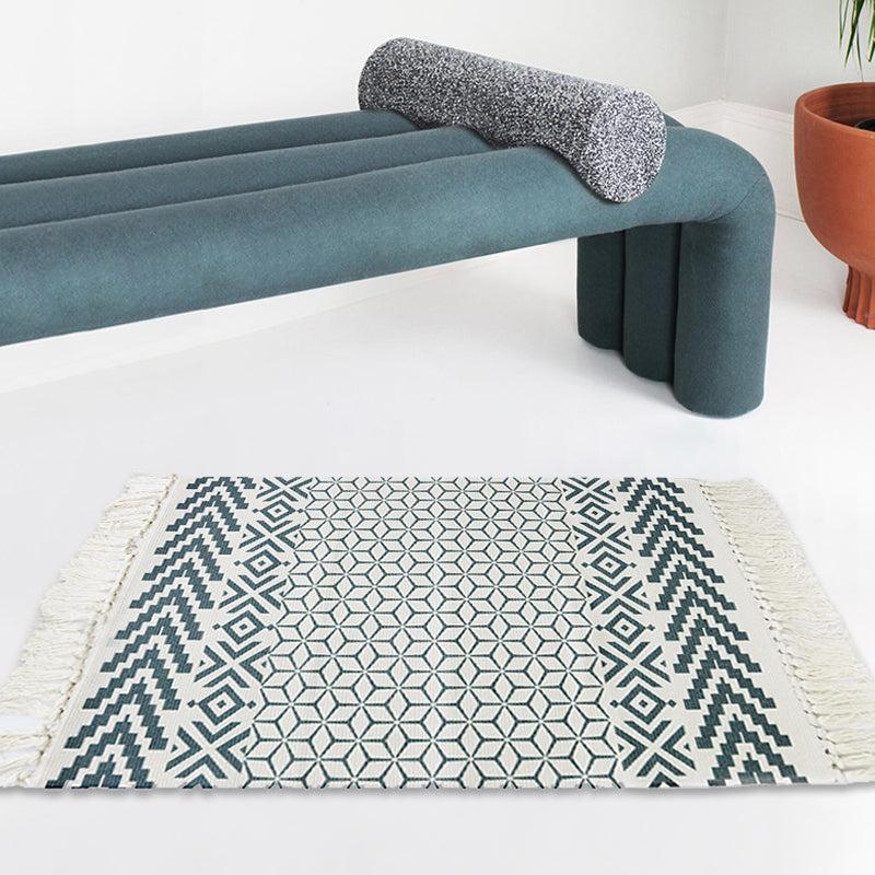 Rapis de chambre à coucher blanc et bleu Southwestern Tribal à rayures Tapis de motif à rayures Coton Anti-glissement