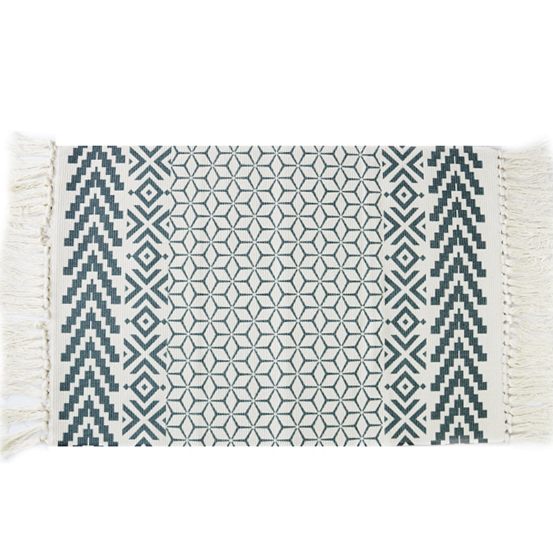 White and Blue Bedroom Rug Southwestern Tribal Striped Pattern Rug Cotton Anti-Slip Backing Washable Area Rug