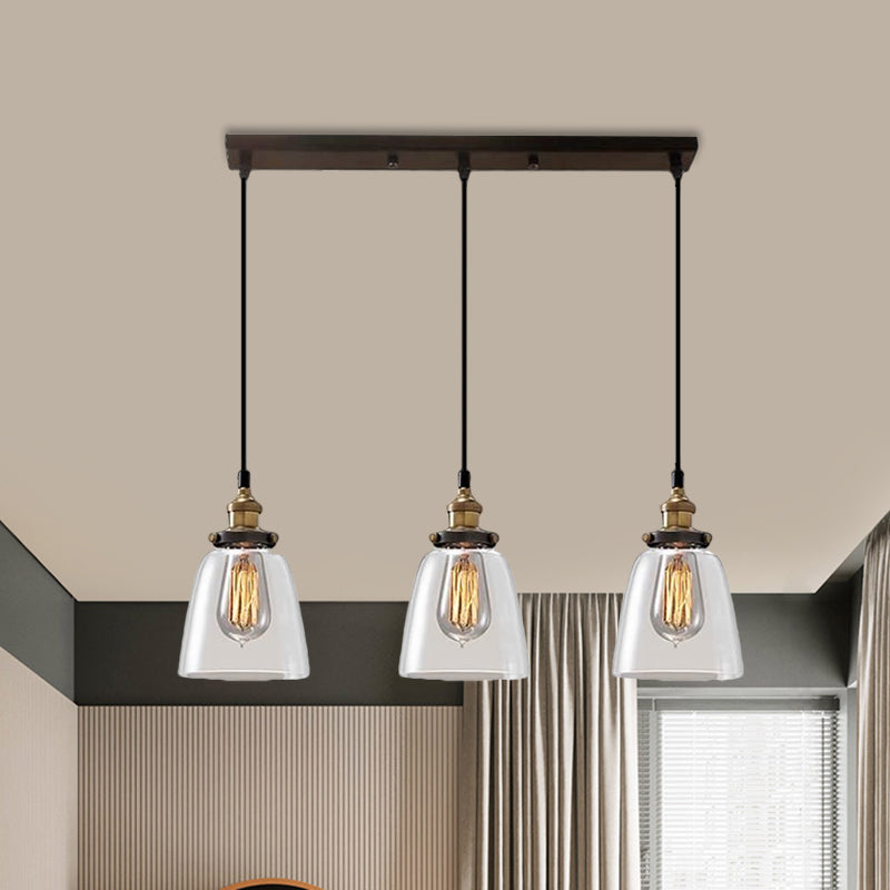 Cone/Bowl Smoked Glass Multi-Light Pendant Industrial 3-Light Coffee Shop Hanging Lamp, Linear/Round Canopy