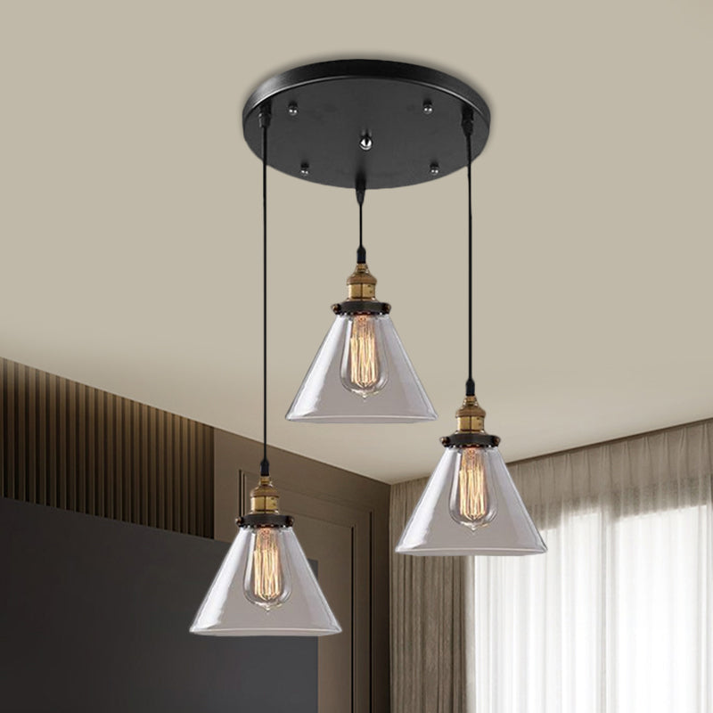 Cone/Bowl Smoked Glass Multi-Light Pendant Industrial 3-Light Coffee Shop Hanging Lamp, Linear/Round Canopy