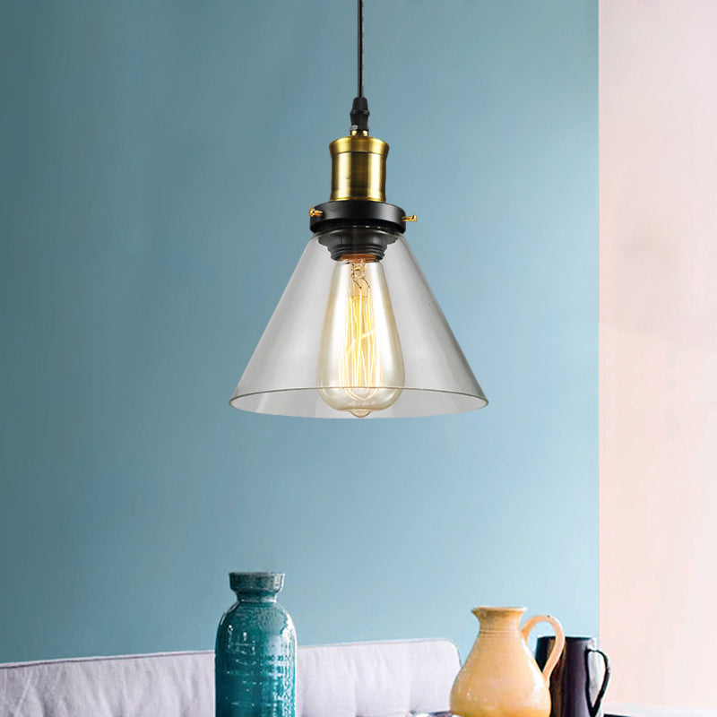 Brass 1 Light Hanging Ceiling Light Vintage Clear Glass Cone/Globe Pendants Lighting for Living Room