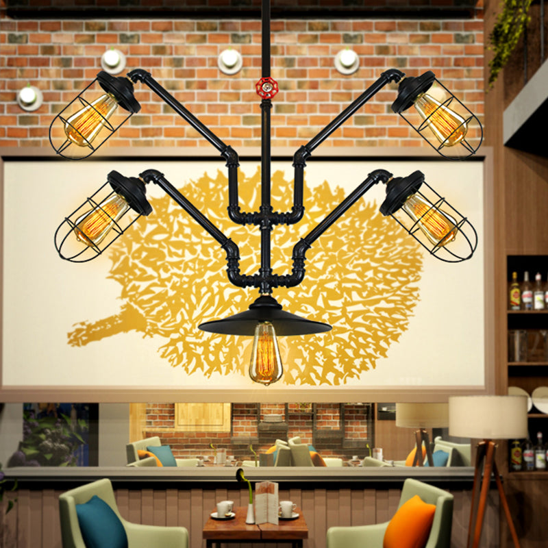 5 Lights Wire Cage Suspended Light Industrial Style Chandelier Lamp with Water Pipe for Dining Room